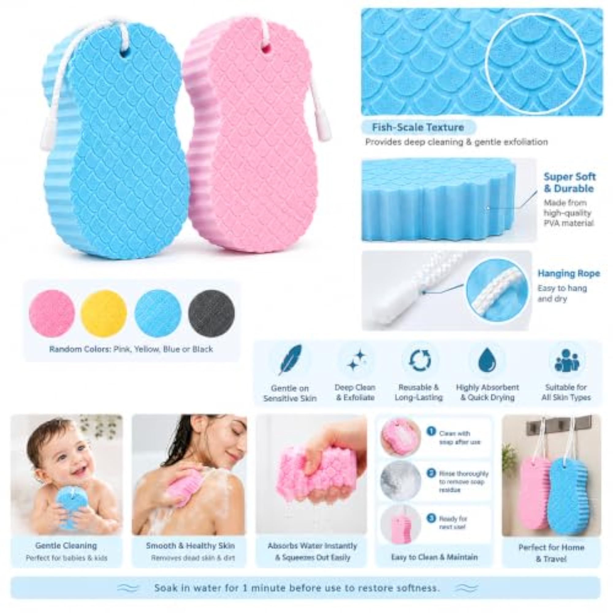 Pack of 2 Super Soft Bath Sponge Scrubber for Kids, Babies, Men & Women